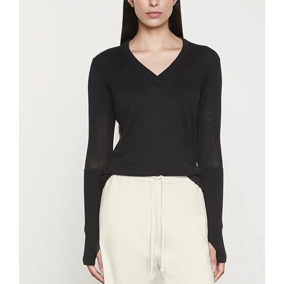 ENZA COSTA Fine Cashmere Knitted V-neck Sweater Medium Large Oatmeal Long Sleeve - Picture 3 of 15